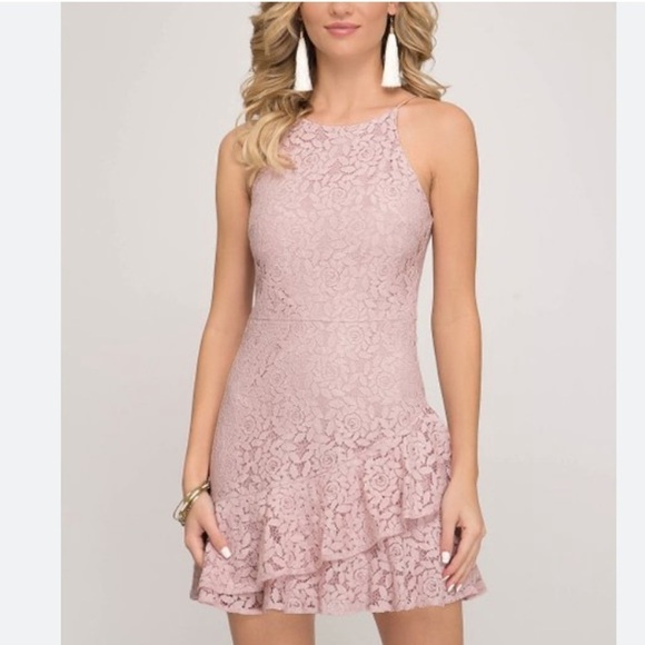 She and Sky Pink Floral Lace Ruffle Layer Dress size M NWT - Picture 5 of 5